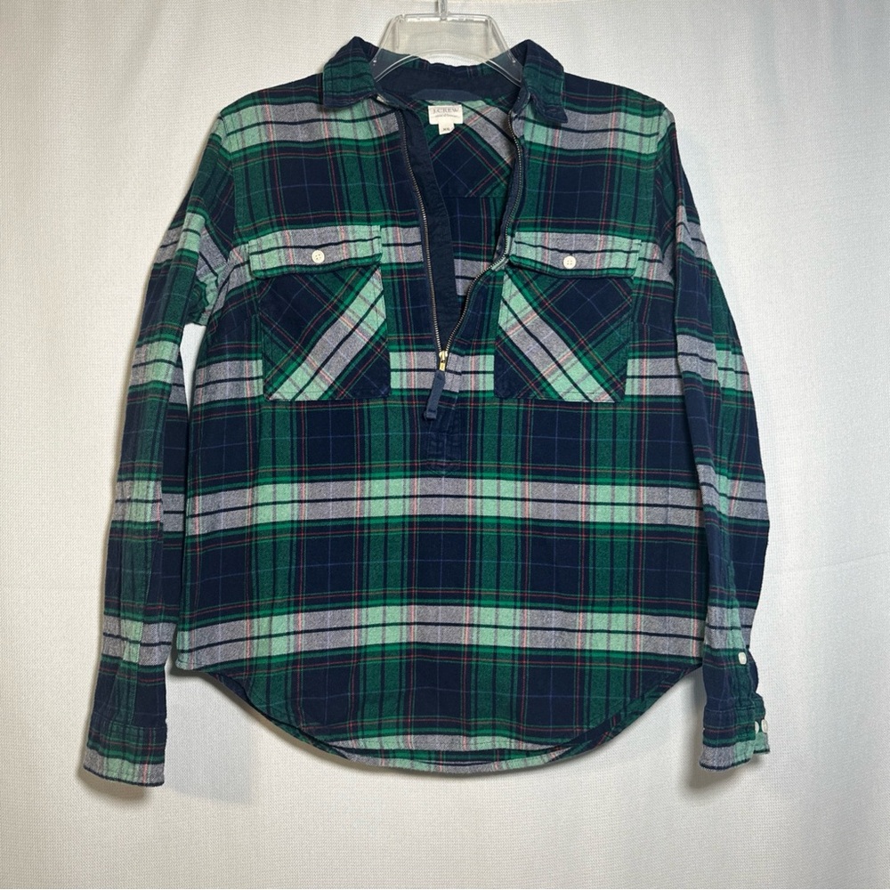 J. Crew Women’s XS Navy and Green Plaid Half Zip Shirt